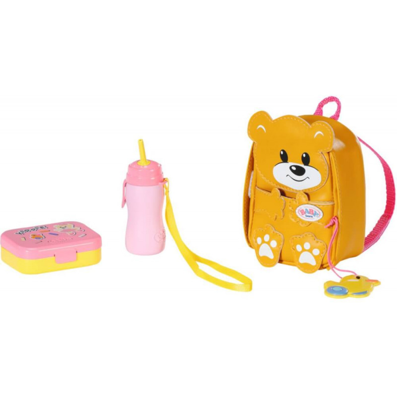 Zapf BABY born Kindergarten Set: Bär-Rucksack, Brotdose, Trinkflasche und Schnuller an gelbem Band.