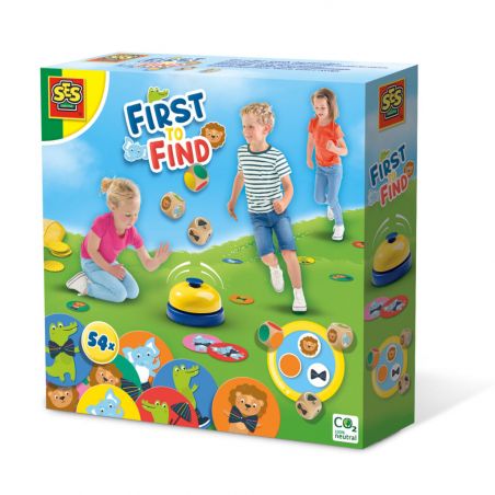 Kinder spielen das First to Find-Spiel von SES mit Tierfiguren und einem gelben Buzzer. Kinder spielen das First to Find-Spiel von SES mit Tierfiguren und einem gelben Buzzer.