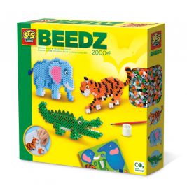 SES Beedz-Set: Perlenbilder von Elefant, Tiger und Krokodil auf Box, bunte Perlen sind enthalten.