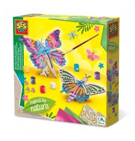 Bunte SES-Schmetterlings-Bastelbox mit bemalten Holzschmetterlingen und Farbtöpfchen.
