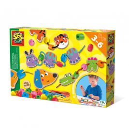 Buntes Tier-Perlen-Steckspiel für Kinder von 3-6 Jahren, Verpackung zeigt spielendes Kind.