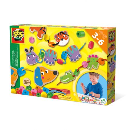 Buntes Tier-Perlen-Steckspiel für Kinder von 3-6 Jahren, Verpackung zeigt spielendes Kind.