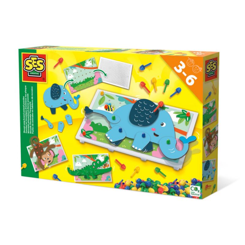 Bunte SES Creative Spielbox mit blauem Dinosaurier-Puzzle und Stecktafel für Kinder von 3-6 Jahren auf gelbem Hintergrund. Bunte SES Creative Spielbox mit blauem Dinosaurier-Puzzle und Stecktafel für Kinder von 3-6 Jahren auf gelbem Hintergrund.