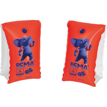 Rote und weiße Schwimmflügel mit aufgedrucktem blauen Comic-Elefanten.