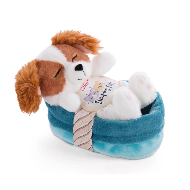 Kuscheltier Welpe Cockerspaniel 12cm im blau-türkisen Körbchen