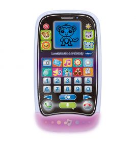 Spielzeugtelefon mit Tiersymbolen, Zahlentasten und einem Bildschirm, der einen pixeligen Hund zeigt.