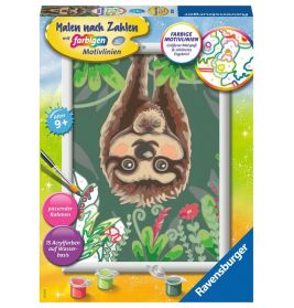 Malen-nach-Zahlen-Set mit Faultier-Motiv, bunten Farben und Pinsel auf der Vorderseite der Box.