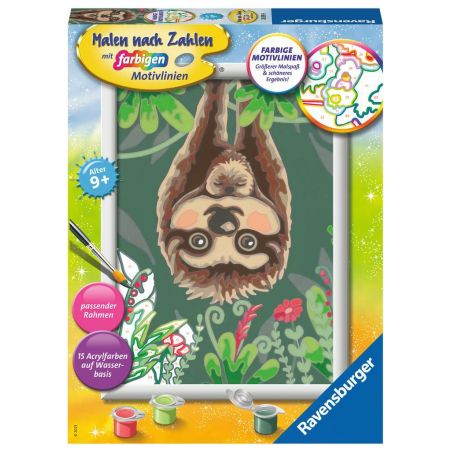 Malen-nach-Zahlen-Set mit Faultier-Motiv, bunten Farben und Pinsel auf der Vorderseite der Box.