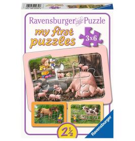 Ravensburger-Box Meine ersten Puzzles mit Bauernhoftieren und Kind enthält 3 Puzzles mit je 6 Teilen.