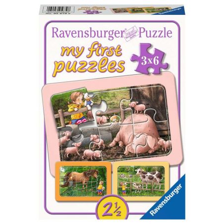 Ravensburger-Box Meine ersten Puzzles mit Bauernhoftieren und Kind enthält 3 Puzzles mit je 6 Teilen.