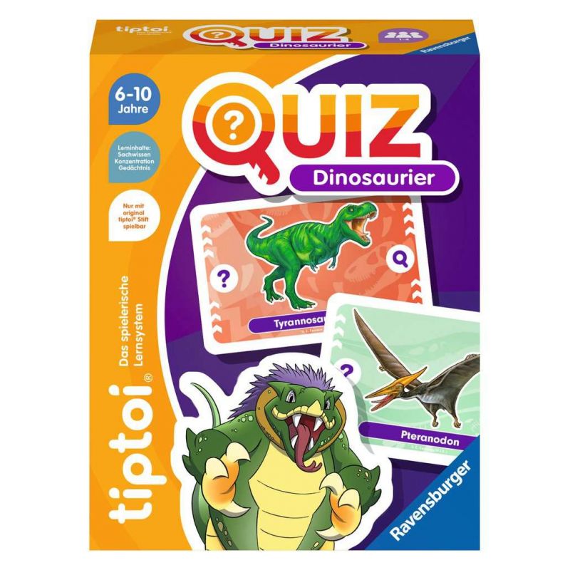 Quizspiel-Box mit Dinosauriern, von 6-10 Jahren, illustriert mit T. rex und Pteranodon.