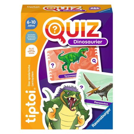Quizspiel-Box mit Dinosauriern, von 6-10 Jahren, illustriert mit T. rex und Pteranodon.