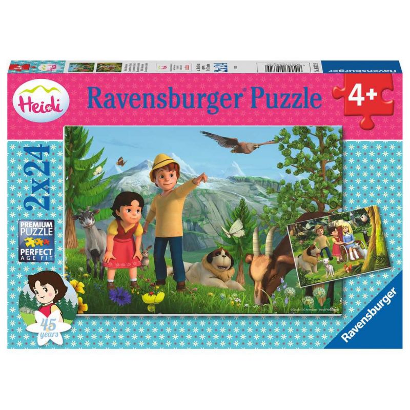 Ravensburger Puzzle Heidi ab 4 Jahren, mit Comicfiguren vor Berglandschaft auf der Verpackung.