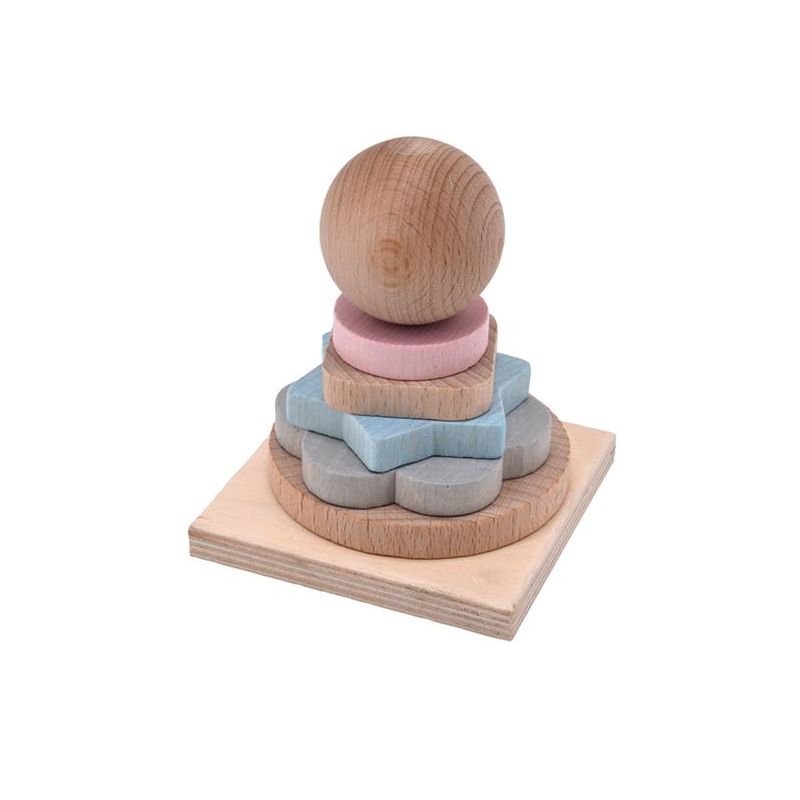 Holz-Stapelspielzeug mit pastellfarbenen Stern- und Kreisformen auf quadratischer Basis. Holz-Stapelspielzeug mit pastellfarbenen Stern- und Kreisformen auf quadratischer Basis.