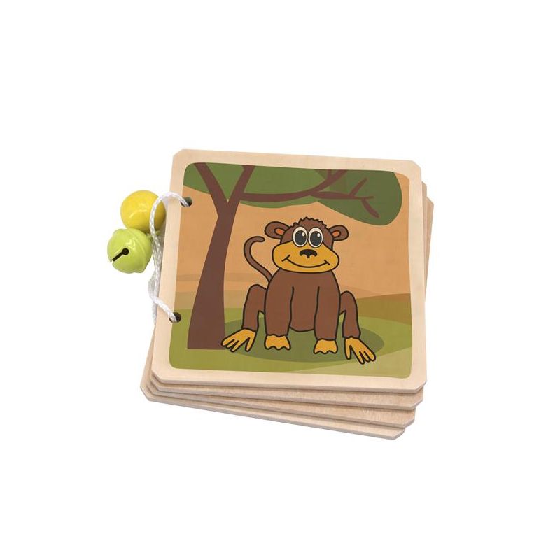 Holzkarte mit Cartoon-Affe unter einem Baum, befestigt an einer Schnur mit zwei gelben Glöckchen. Holzkarte mit Cartoon-Affe unter einem Baum, befestigt an einer Schnur mit zwei gelben Glöckchen.