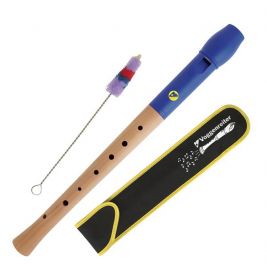 Blaue Blockflöte mit Holzelementen, Reinigungsbürste und schwarz-gelbem Etui.