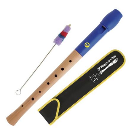 Blaue Blockflöte mit Holzelementen, Reinigungsbürste und schwarz-gelbem Etui.