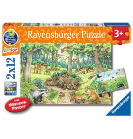 Kinderpuzzle - 05673 Tiere im Wald und auf der Wiese - 2x12 Teile + Wissensposter, Wies