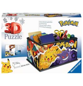 Bunte Box eines 3D-Pokémon-Puzzles mit Pikachu und anderen Figuren, dient als farbenfroher Aufbewahrungsbehälter.