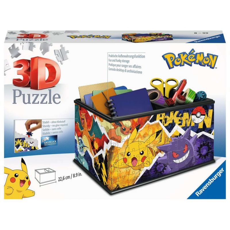 Bunte Box eines 3D-Pokémon-Puzzles mit Pikachu und anderen Figuren, dient als farbenfroher Aufbewahrungsbehälter.