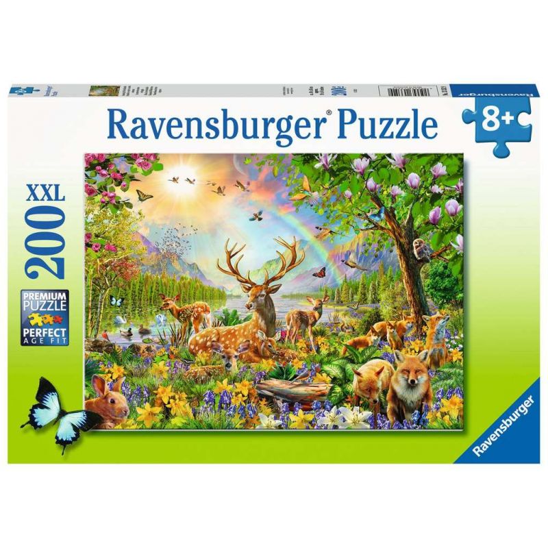 Ravensburger Puzzle, 200 Teile, mit farbenfroher Waldszene: Hirsch, Fuchs, Hase und Vögel auf der Schachtel.