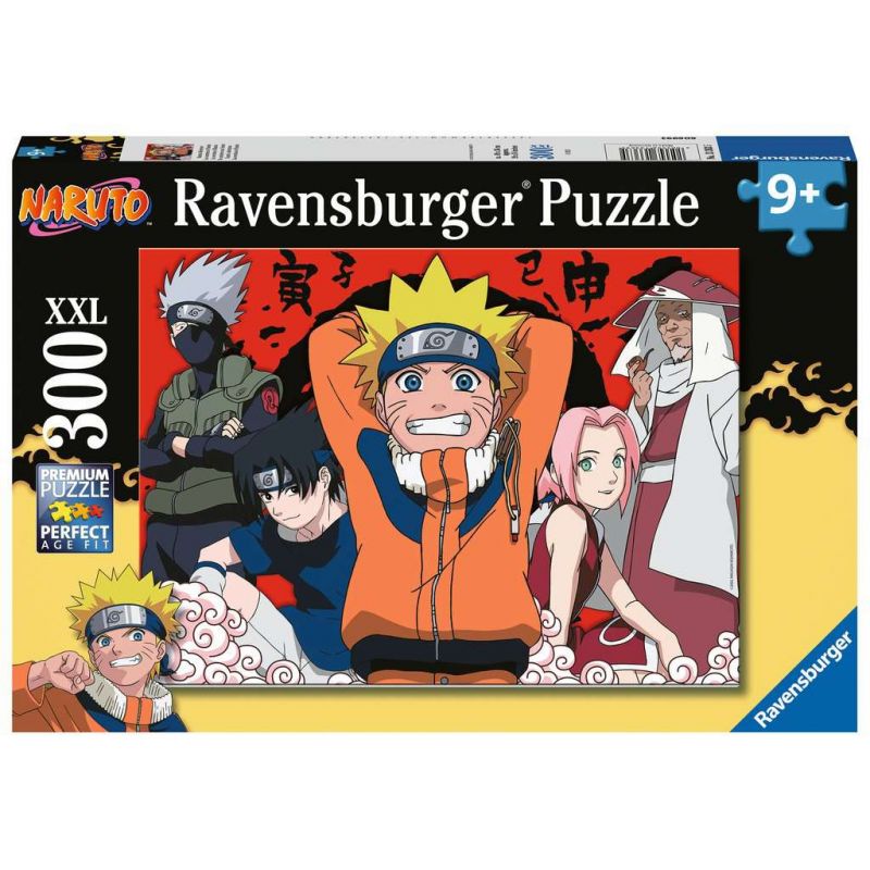 Ravensburger 300-teiliges Naruto-Puzzle mit Hauptcharakteren vor rotem und schwarzem Hintergrund.