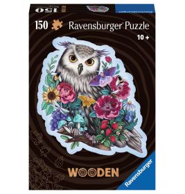 Ravensburger Holzpuzzle mit 150 Teilen: Eule von bunten Blumen und Pilzen umgeben auf der Verpackung.