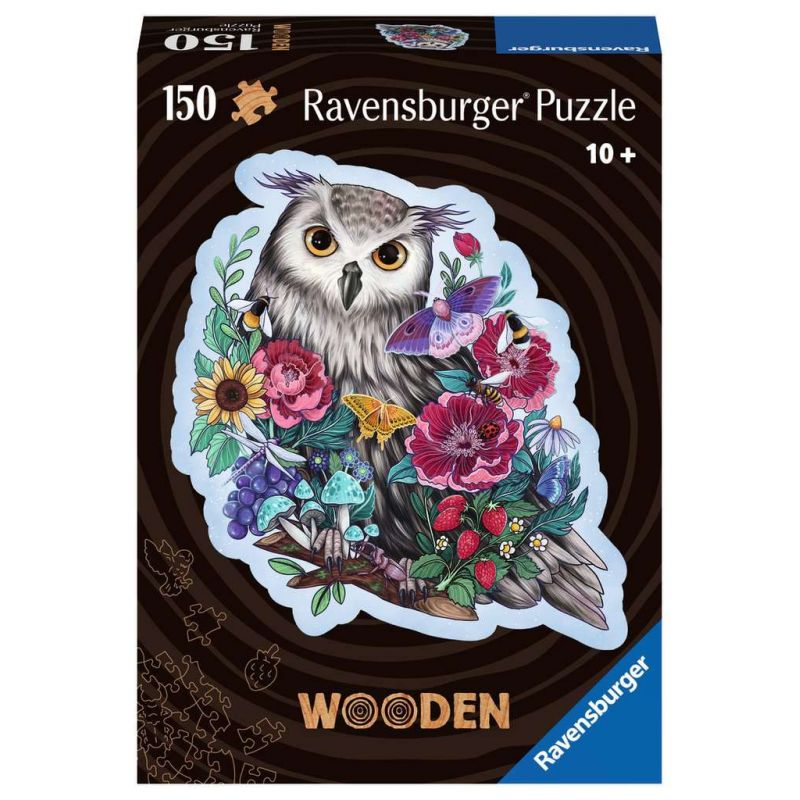 Ravensburger Holzpuzzle mit 150 Teilen: Eule von bunten Blumen und Pilzen umgeben auf der Verpackung.