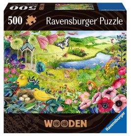 Ravensburger Puzzle, 500 Teile, mit buntem Gartenszenen-Motiv, Vögeln, Blumen und einem Schmetterling.