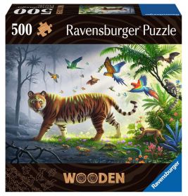Ein Tiger steht in einer Dschungellichtung mit bunten Vögeln Ravensburger 500-Teile-Holzpuzzle.