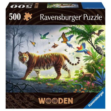 Ein Tiger steht in einer Dschungellichtung mit bunten Vögeln Ravensburger 500-Teile-Holzpuzzle.