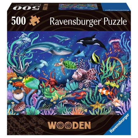 Ravensburger Puzzlebox (500 Teile) mit bunten Meeresmotiven: Tiere, Korallen und Pflanzen auf dem Cover.