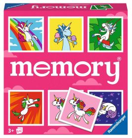 Rosa Ravensburger Memory-Spielbox mit bunten Einhorn-Illustrationen auf dem Deckel.