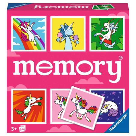 Rosa Ravensburger Memory-Spielbox mit bunten Einhorn-Illustrationen auf dem Deckel.