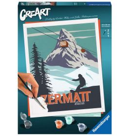 Malset zeigt Skifahrer vor Bergen und Seilbahn, dazu der Schriftzug Zermatt Suisse.