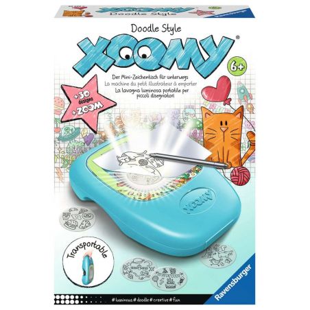 Doodle Style Xoomy-Set mit Zeichenmaschine, Stift, Tier-Skizzen und einer Cartoon-Katze auf der Verpackung.