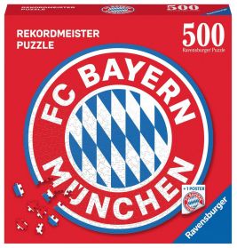 Rote Ravensburger Puzzlebox mit 500 Teilen, FC Bayern München Logo und verstreuten Puzzleteilen.