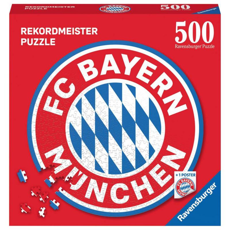 Rote Ravensburger Puzzlebox mit 500 Teilen, FC Bayern München Logo und verstreuten Puzzleteilen. Rote Ravensburger Puzzlebox mit 500 Teilen, FC Bayern München Logo und verstreuten Puzzleteilen.