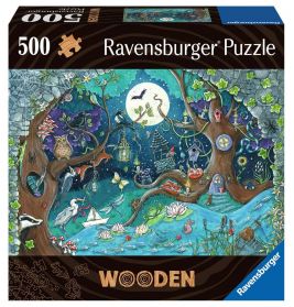 Ravensburger Holzpuzzle (500 Teile) mit magischem, buntem Wald-und-Teich-Motiv bei Vollmond.