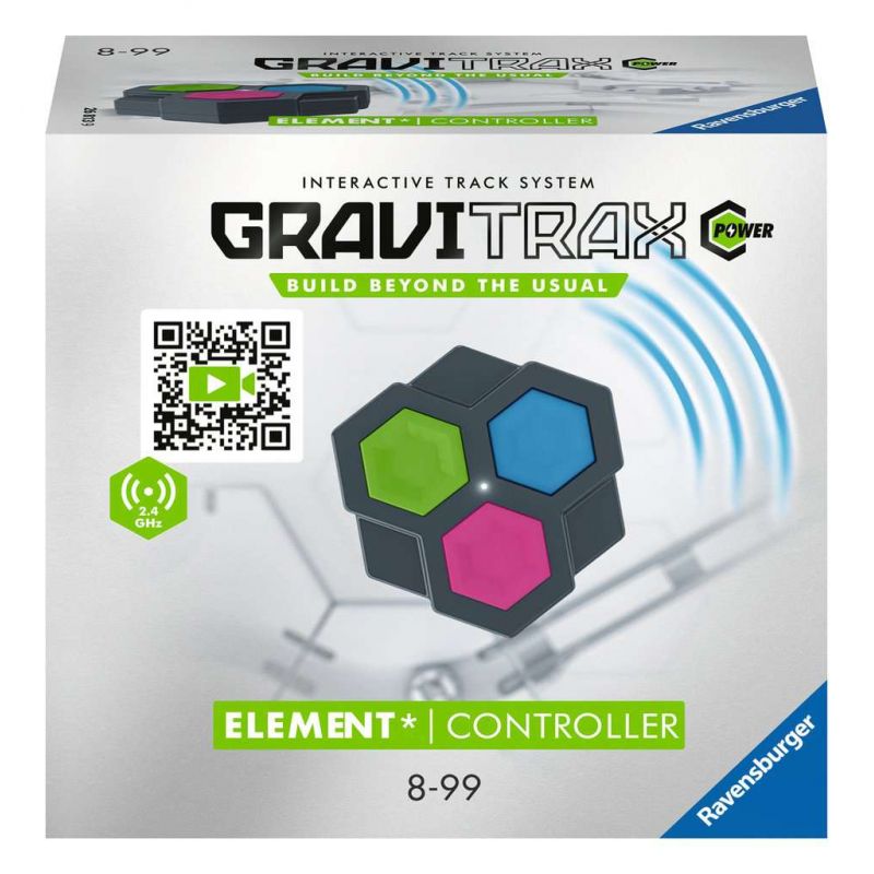 Gravitrax Element Controller: Verpackung mit sechseckigem Gerät und bunten Tasten, empfohlen für 8- bis 99-Jährige. Gravitrax Element Controller: Verpackung mit sechseckigem Gerät und bunten Tasten, empfohlen für 8- bis 99-Jährige.
