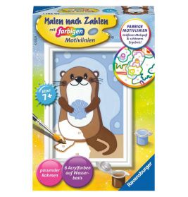 Malen-nach-Zahlen-Set Otter für Kinder ab 7 Jahren mit Farben, Pinsel und bunten Motivumrissen auf der Box.