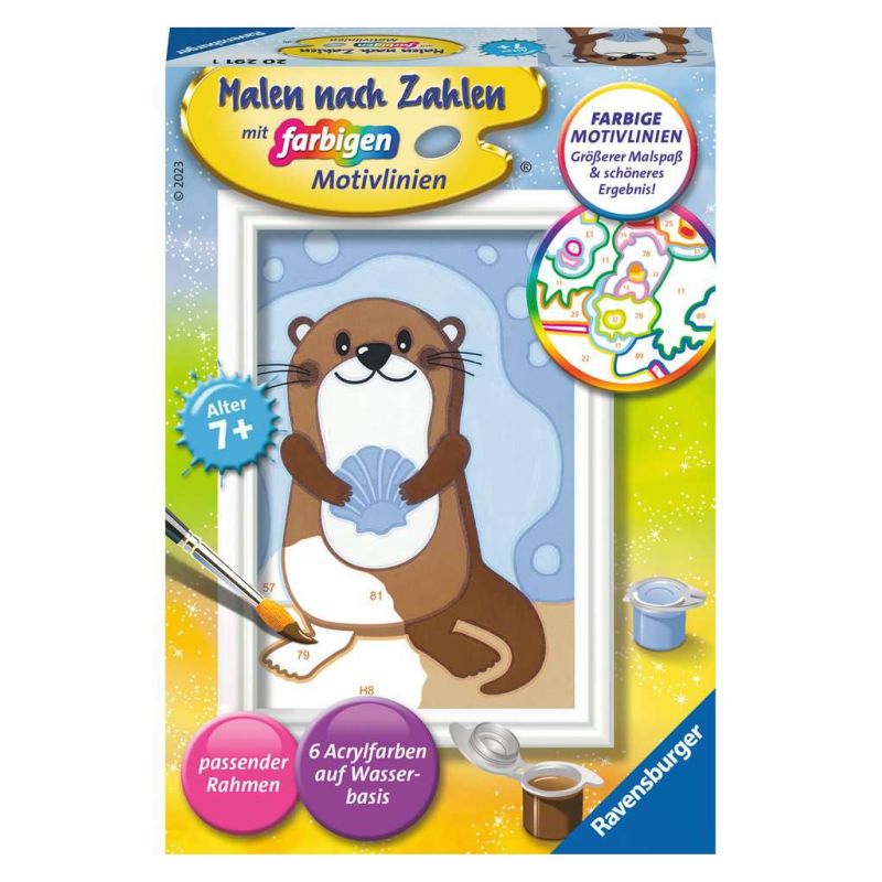 Malen-nach-Zahlen-Set Otter für Kinder ab 7 Jahren mit Farben, Pinsel und bunten Motivumrissen auf der Box.