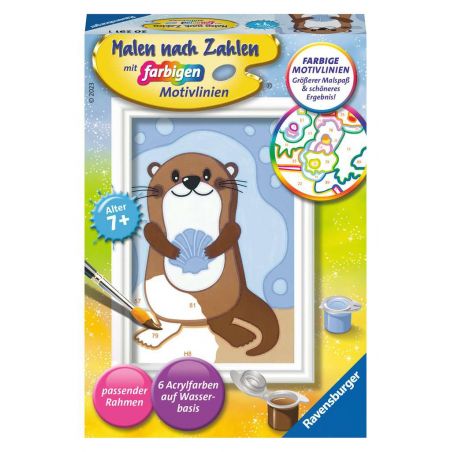 Malen-nach-Zahlen-Set Otter für Kinder ab 7 Jahren mit Farben, Pinsel und bunten Motivumrissen auf der Box.