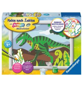 Malen-nach-Zahlen-Set mit grünem Dinosauriermotiv, Farben und Pinseln geeignet ab 9 Jahren.