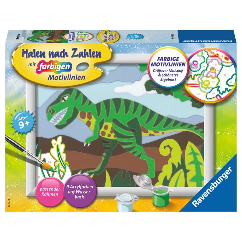 Malen-nach-Zahlen-Set mit grünem Dinosauriermotiv, Farben und Pinseln geeignet ab 9 Jahren. Malen-nach-Zahlen-Set mit grünem Dinosauriermotiv, Farben und Pinseln geeignet ab 9 Jahren.
