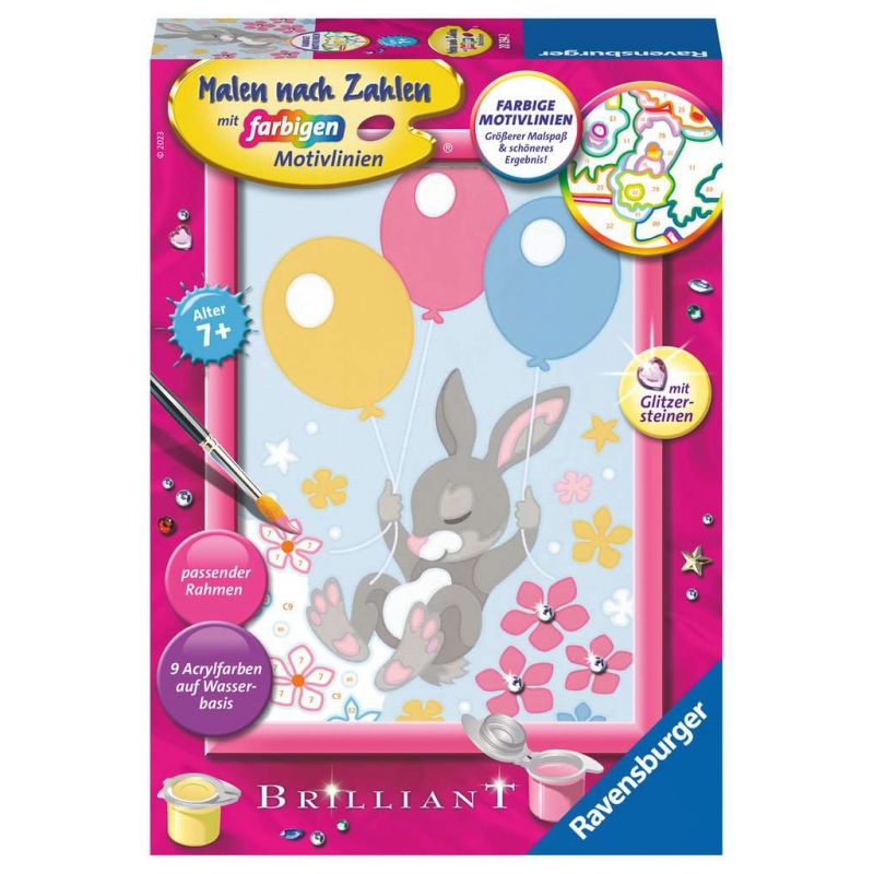 Malset-Box mit Ballon-haltendem Hasenmotiv, für Kinder ab 7 Jahren, farbige Umrandungen und Glitzersteine.