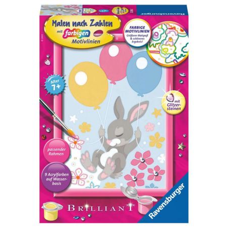 Malset-Box mit Ballon-haltendem Hasenmotiv, für Kinder ab 7 Jahren, farbige Umrandungen und Glitzersteine.