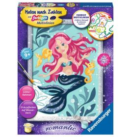 Malset mit pinkhaariger Meerjungfrau und Glitzerdetails, geeignet für Kinder ab 9 Jahren.