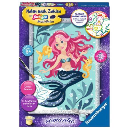 Malset mit pinkhaariger Meerjungfrau und Glitzerdetails, geeignet für Kinder ab 9 Jahren.