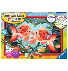 Malset-Box mit zwei orangefarbenen Fischen zwischen Wasserpflanzen, Farbtöpfchen und Pinseln.
